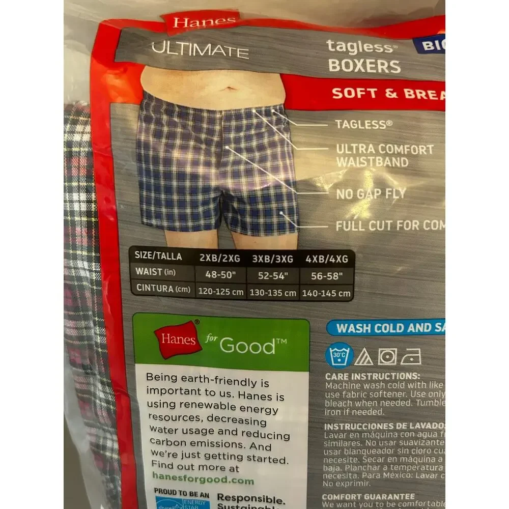 Hanes Ultimate Big Man Woven Boxers 4-Pack 2XB NIP Plaid Cotton Tagless